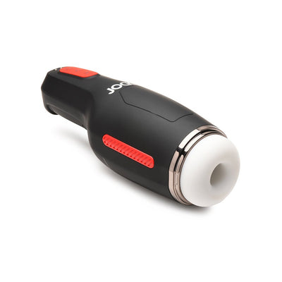 Black and red Jock 15x sucking and vibrating masturbator with soft white silicone opening and ergonomic grip.