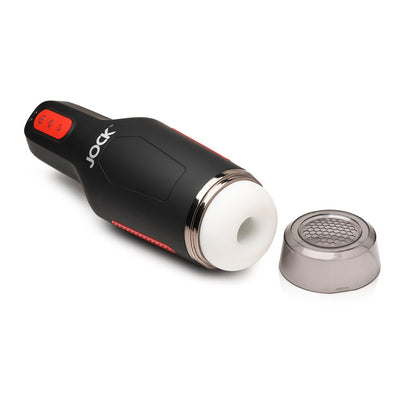 Black and red Jock 15x sucking and vibrating masturbator with white soft TPE tunnel and removable cap on white background.