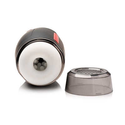 Black and white Jock 15x sucking and vibrating masturbator with removable cap showing textured inner tunnel.