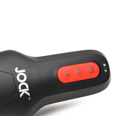 Close-up of black Jock 15x masturbator handle with red control buttons for power, vibration, and suction functions.