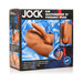 Packaging box of Jock Ass Masturbator with poseable 7-inch dildo on blue satin background, highlighting product features.
