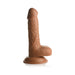 Medium-sized realistic brown dildo with suction cup base and attached balls, standing upright on white background.
