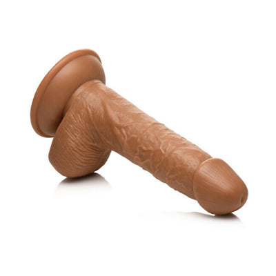 Medium-sized realistic brown dildo with suction cup base and textured surface, designed for versatile use.