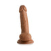 Medium-sized realistic brown dildo with suction cup base and detailed texture, standing upright on white background.