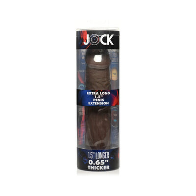 Jock Extra Long Penis Extension Sleeve in dark color packaged in clear cylindrical container with product details.