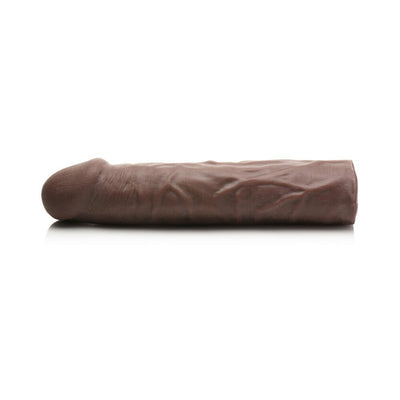 Dark brown extra long penis extension sleeve with lifelike texture and hollow design shown on white background.