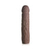 Dark brown extra long penis extension sleeve with lifelike texture and solid tip on white background.