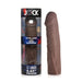 Dark brown extra long penis extension sleeve with realistic texture next to its clear cylindrical packaging.