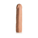 Medium tan flexible penis extension sleeve with lifelike texture and detailed design on white background.