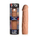Jock Extra Long Penis Extension Sleeve in medium skin tone with realistic texture, shown inside clear packaging and outside.