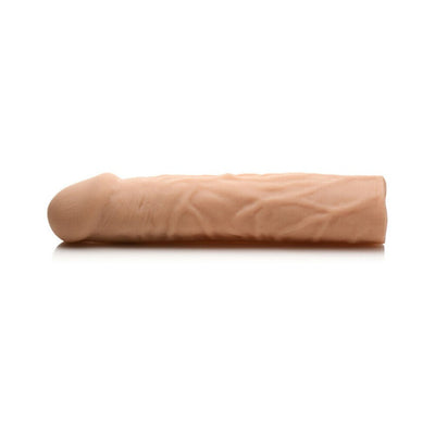 Light-colored realistic textured penis extension sleeve with hollow shaft and solid tip, 9 inches long.