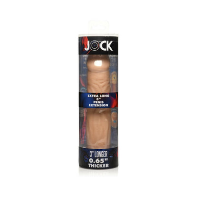 Jock extra long 3-inch light-colored penis extension sleeve in clear cylindrical packaging with product details.