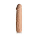 Light skin tone extra long penis extension sleeve with realistic texture and hollow shaft, standing upright on white background.