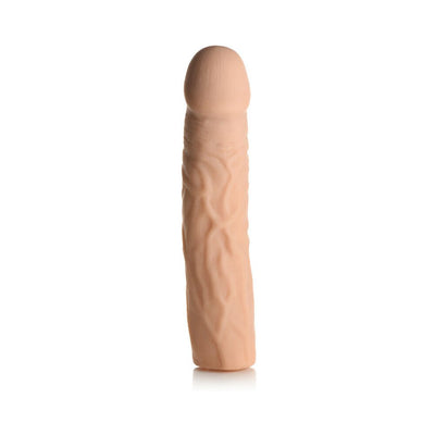 Light skin tone extra long penis extension sleeve with realistic texture and veining, standing upright on white background.