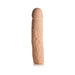 Light skin tone extra long penis extension sleeve with realistic texture and veining, standing upright on white background.