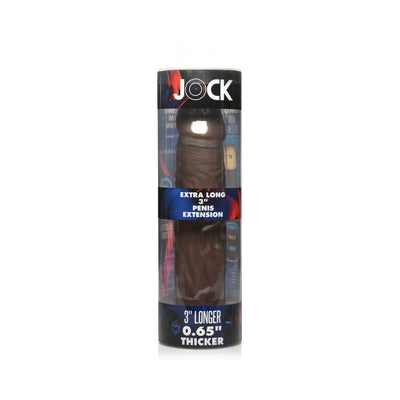 Jock Extra Long Penis Extension Sleeve 3-inch medium in dark brown, packaged in clear cylindrical container.