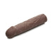 Medium brown flexible penis extension sleeve with lifelike texture and hollow design on white background.