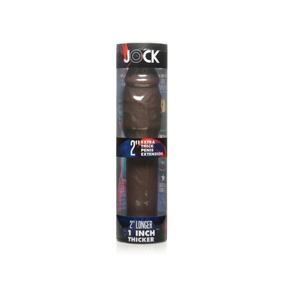 Dark brown 2-inch thick penis extension sleeve in clear cylindrical packaging with Jock branding.