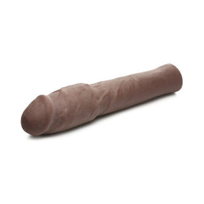 Dark brown extra thick penis extension sleeve with realistic texture and hollow design.