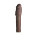 Dark brown extra thick penis extension sleeve with realistic texture and flexible design standing upright on white background.