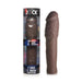 Dark brown extra thick penis extension sleeve with realistic texture, shown inside and outside clear packaging.