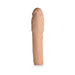 Light skin tone flexible penis extension sleeve with realistic texture and 2-inch length enhancement.
