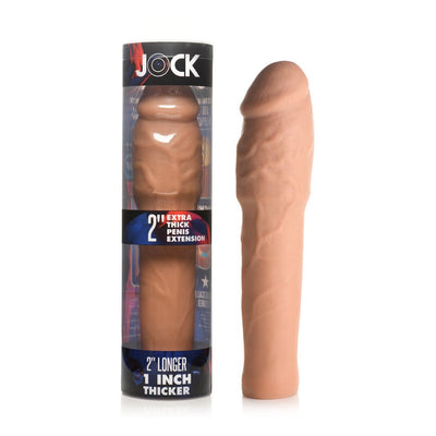 Jock Extra Thick 2-inch medium-length realistic textured penis extension sleeve with packaging.