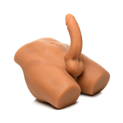 Posable male torso masturbator with 7-inch thrusting dildo in medium skin tone on white background.