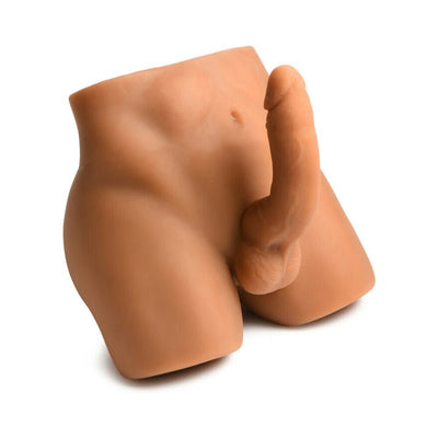Realistic male torso masturbator with posable 7-inch thrusting silicone dildo in medium skin tone.