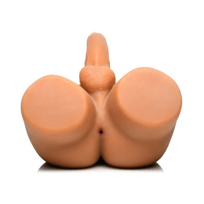 Posable male masturbator with 7-inch thrusting dildo and textured anal opening in skin-tone silicone.