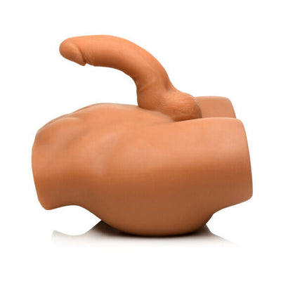 Medium-sized jock male masturbator with posable 7-inch thrusting dildo in tan color.