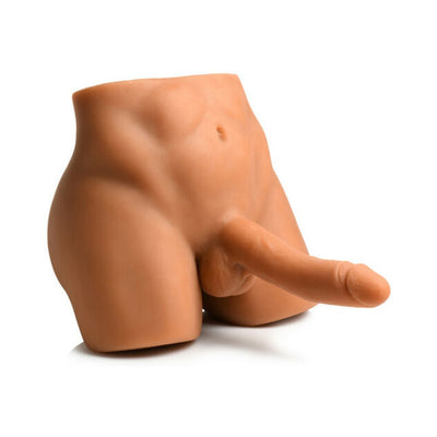 Realistic male torso masturbator with posable 7-inch thrusting silicone dildo in medium skin tone.