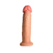 Realistic light skin tone silicone dildo with suction base and detailed texture, 8.5 inches long.