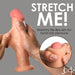 Hands stretching a lifelike silicone dildo with realistic skin texture against a gray background with product text.