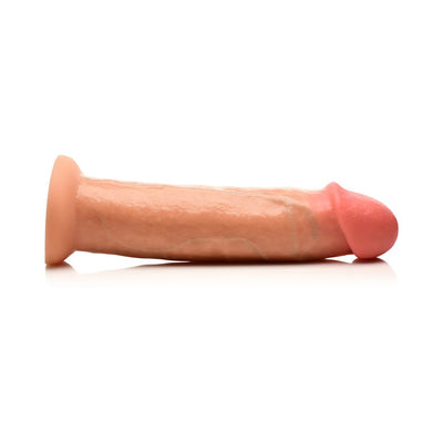 Realistic light-toned silicone dildo with lifelike texture and suction cup base, 8.5 inches long.