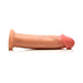 Realistic light-toned silicone dildo with lifelike texture and suction cup base, 8.5 inches long.