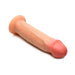 Realistic light skin tone silicone dildo with suction base, detailed texture, and lifelike design.