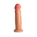 Realistic light-toned silicone dildo with lifelike texture and suction cup base for hands-free use.