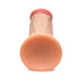 Light skin tone silicone dildo with suction cup base, realistic texture, and flexible design shown from base view.