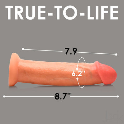 Realistic light silicone dildo with detailed texture and measurements on a gray background