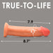 Realistic light silicone dildo with detailed texture and measurements on a gray background