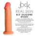 Light-colored realistic silicone dildo with suction base, shown next to product features text on a white background.