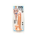 Realistic 7-inch light skin tone dildo with suction base and balls in clear retail packaging with swimmer illustration.