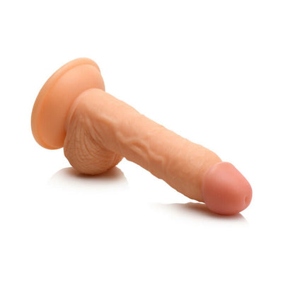 Realistic 7-inch light skin tone dildo with suction base and attached balls, designed for versatile use.