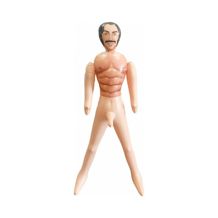 Inflatable male doll with printed facial features and muscular torso, standing upright on white background.