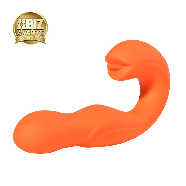 Orange ergonomic G-spot vibrator with rotating head and clit-licking tongue design, award-winning silicone toy.