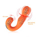Orange dual-ended vibrator with rotating G-spot shaft and clit-licking tongue, highlighting internal motor functions.