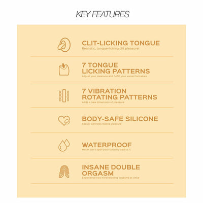 Key features of Joi vibrator including clit-licking tongue, 7 licking and vibration patterns, body-safe silicone, waterproof, and dual orgasm design.