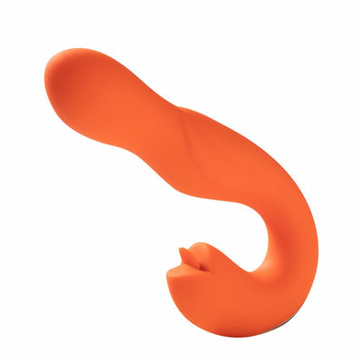 Orange ergonomic silicone G-spot vibrator with rotating head and clitoral stimulator shaped like a licking tongue.