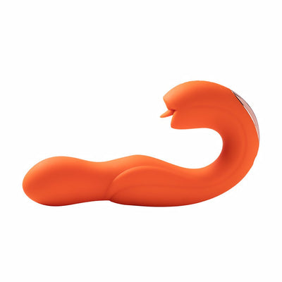 Orange ergonomic dual-ended vibrator with rotating head and clitoral stimulator tongue detail.
